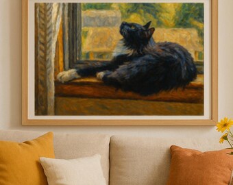 Whimsical Tuxedo Cat by Window Oil Print – Cozy Autumn Sunlight Digital Wall Art for Cat Lovers, Cottages & Warm Home Decor