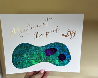 Meet Me at the Pool: Chic Foil Print with Floats, Sunglasses & Flip Flops.
