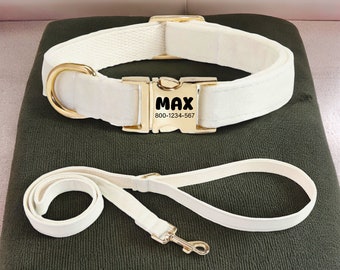 Personalized Dog Collar Leash Set, Engraved Pet Name Plate, Engraved Phone Number, Metal Buckle, Custom Dog Collar Leash Set, Puppy Gift