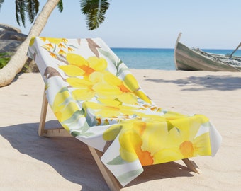 Vibrant Yellow Flowers Beach Towel, Plush Beach Towel Gift, Vacation Beach Towel