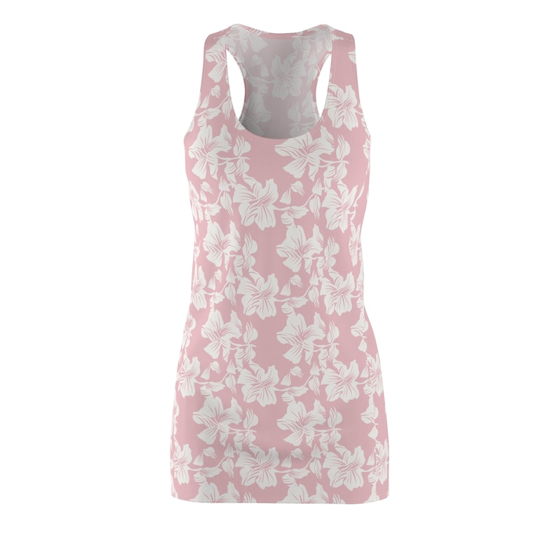 Pink Summer Dress with White Flower Pattern, Women's Raceback Dress, Vacation wear zdjęcie 2