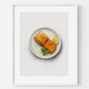 Cooked Salmon Art, kitchen wall décor, farmhouse nursery cafe retro prints