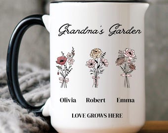 Personalized Grandma Garden Mug, Birth Flower Grandma Cup, Custom Grandkids Name Gift, Floral Nana Coffee Mug, Gift For Grandmother Keepsake