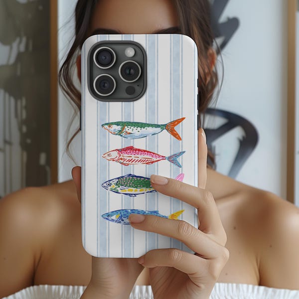 Fish Phone Case, Nautical Striped iPhone Samsung Cover, Coastal Seafood Illustration Case, Coastal Beach Gift For Anglers And Ocean Lovers