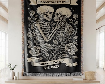 Personalized Skeleton Couple Blanket, Til Death Do Us Part Throw, Custom Anniversary Blanket For Couples, His & Hers Anniversary Gifts