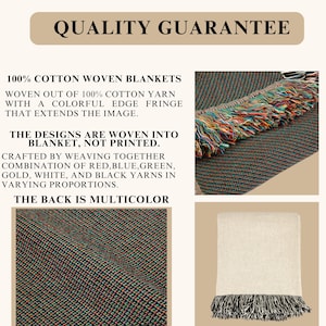May include: Woven cotton blanket with a colorful edge fringe. The blanket is made from a combination of red, blue, green, gold, white, and black yarns. The back of the blanket is multicolored. The text "QUALITY GUARANTEE" is at the top.