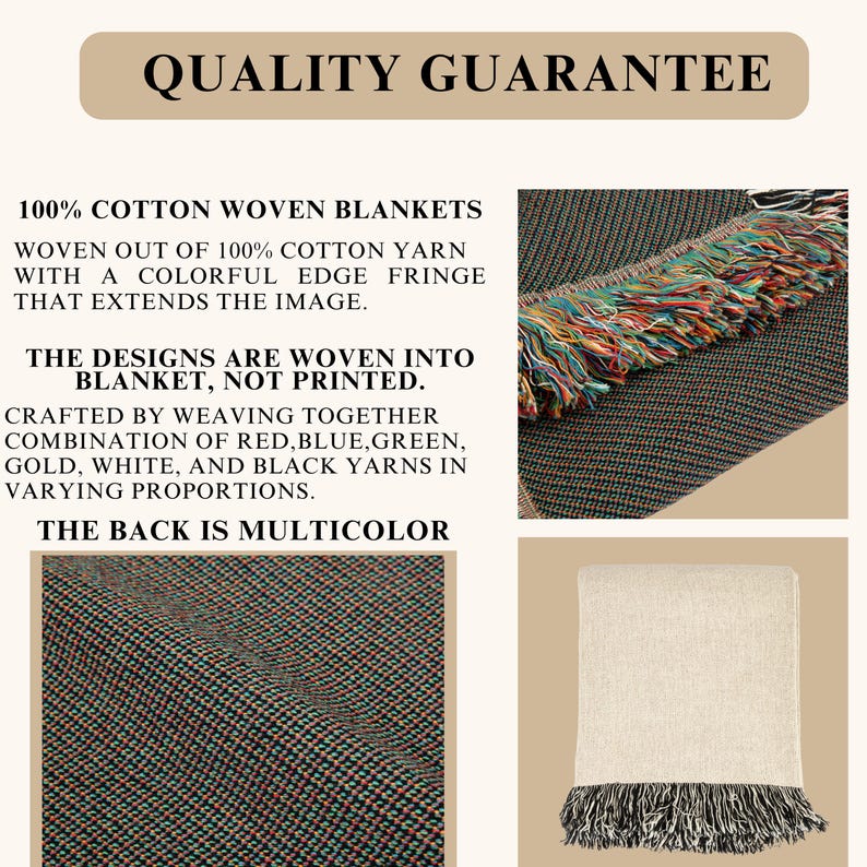 May include: Woven cotton blanket with a colorful edge fringe. The blanket is made from a combination of red, blue, green, gold, white, and black yarns. The back of the blanket is multicolored. The text "QUALITY GUARANTEE" is at the top.