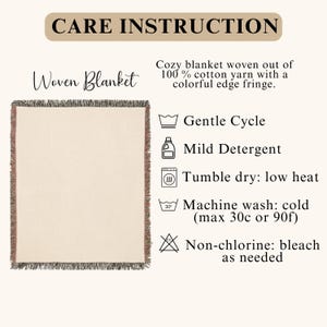 May include: A woven blanket with a cream-colored center and a colorful fringe edge. The care instructions include gentle cycle, mild detergent, tumble dry on low heat, machine wash cold (max 90f), and non-chlorine bleach as needed.
