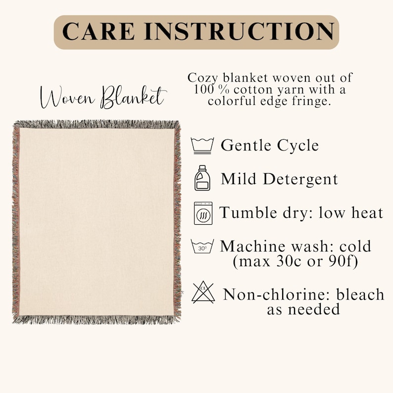 May include: A woven blanket with a cream-colored center and a colorful fringe edge. The care instructions include gentle cycle, mild detergent, tumble dry on low heat, machine wash cold (max 90f), and non-chlorine bleach as needed.