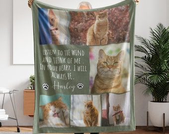 Memorial Blanket for Cat, Dog Cat Picture Bedding Blanket With Text, Customized Name Photo Blanket Collage, Memorial Pet Loss Keepsake Gift