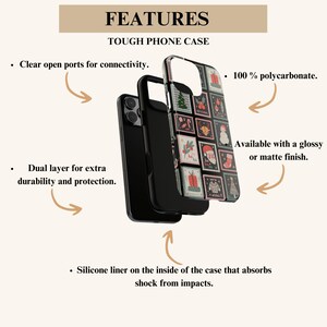 May include: A tough phone case with a festive design. The case features a dual layer for extra protection, clear open ports, and a silicone liner. The case is made of 100% polycarbonate and is available in glossy or matte finishes. The case has a Christmas stamp design.