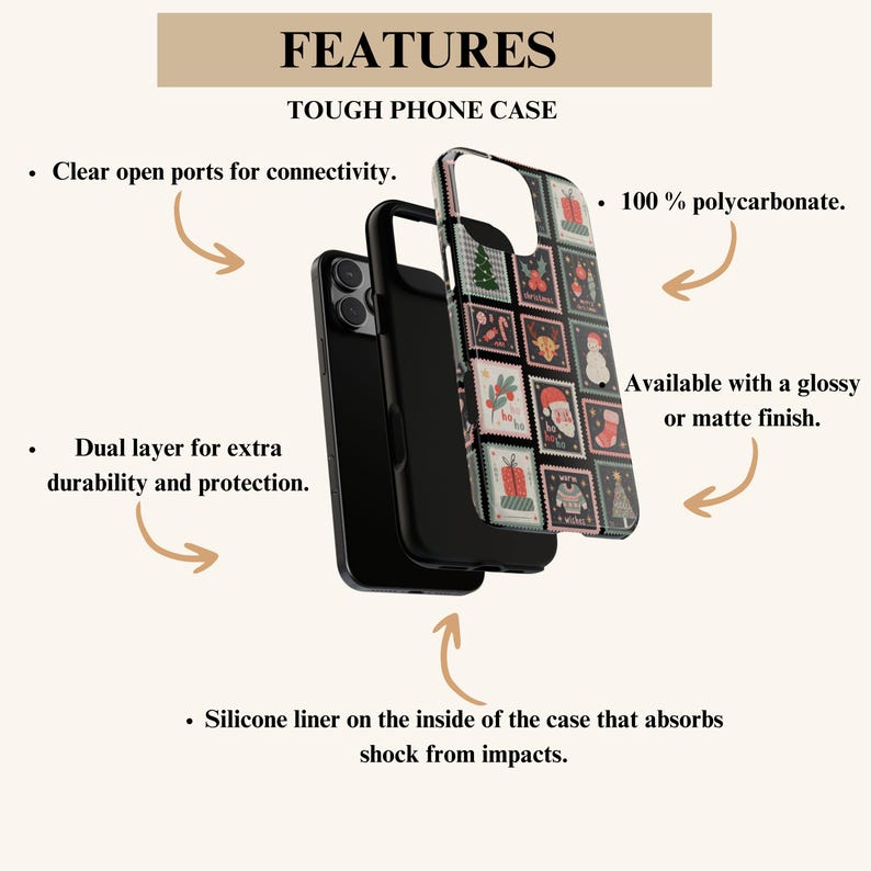 May include: A tough phone case with a festive design. The case features a dual layer for extra protection, clear open ports, and a silicone liner. The case is made of 100% polycarbonate and is available in glossy or matte finishes. The case has a Christmas stamp design.