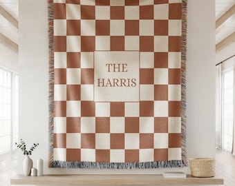 Personalized Checkered Blanket, Custom Family Name Throw, Wedding Gift, Modern  Checker Home Decor For Couples