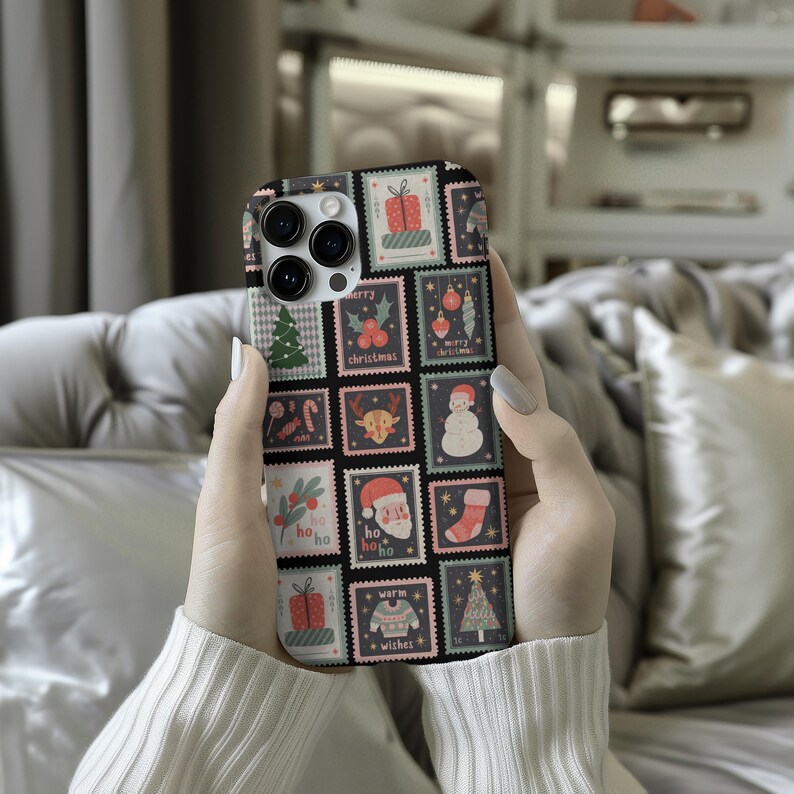 May include: A phone case featuring a festive Christmas stamp design. The case is black with a grid of colorful stamps, including images of a Christmas tree, Santa Claus, gifts, and ornaments. The stamps have a vintage aesthetic with the words "Merry Christmas" and "Warm Wishes".