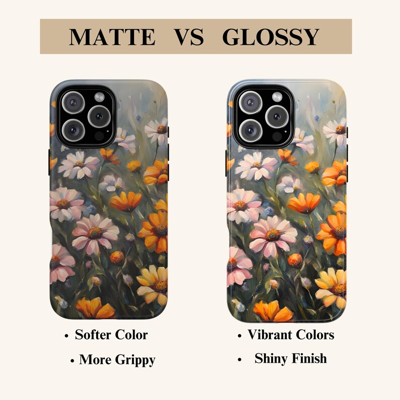 K&ouml;nnte beinhalten: Zwei iPhone-H&uuml;llen mit einem Blumenmuster. Die H&uuml;lle links ist matt und hat weichere Farben. Die H&uuml;lle rechts ist gl&auml;nzend und hat leuchtende Farben. Der Text "Matte vs Glossy" befindet sich oben im Bild.