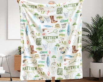 Personalized Baby Fish Blanket, Fishing Blanket for Boys, Custom Baby Name Blanket, Fishing Baby Shower Gift, Fishing Nursery Decor