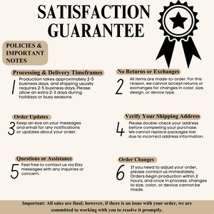 May include: A beige graphic with the text "SATISFACTION GUARANTEE" and a star emblem. The image details policies and important notes about processing, returns, order updates, shipping address verification, and order changes.