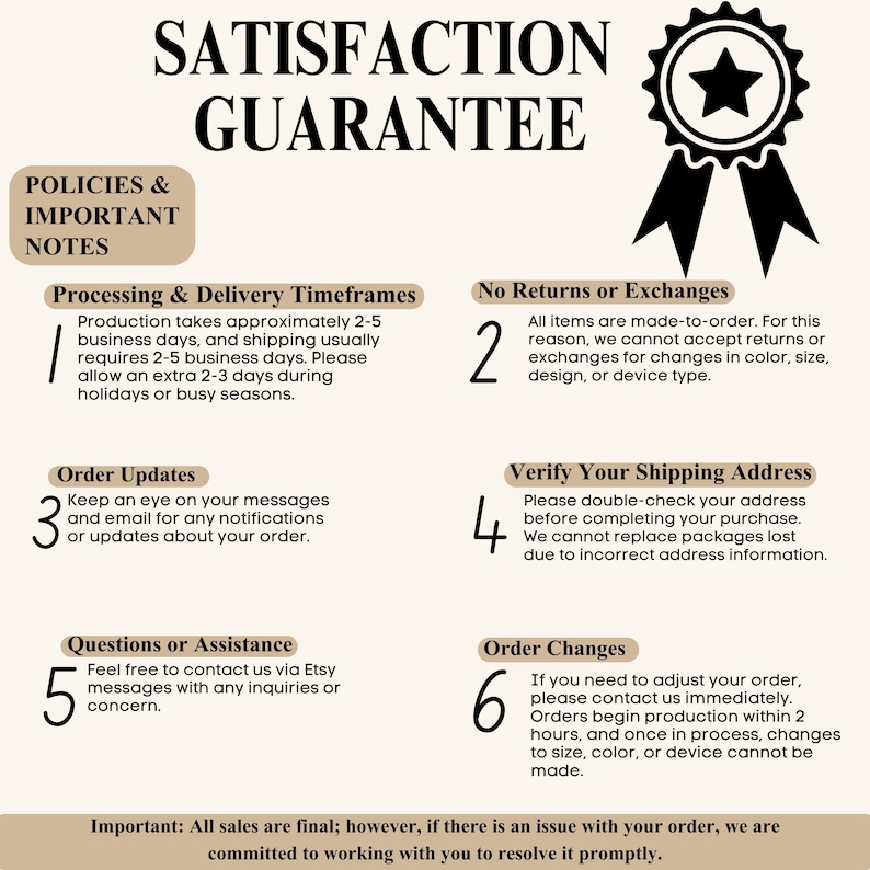 May include: A beige graphic with the text "SATISFACTION GUARANTEE" and a star emblem. The image details policies and important notes about processing, returns, order updates, shipping address verification, and order changes.