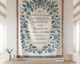 Proverbs 31 Woven Blanket, Christian Bible Verse Throw, Strength And Dignity Gift For Her, Religious Home Decor, Inspirational Scripture