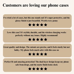May include: Customer reviews for phone cases.  Quotes highlight features like protection, style, wireless charging, and fit.  Each review includes a five-star rating.