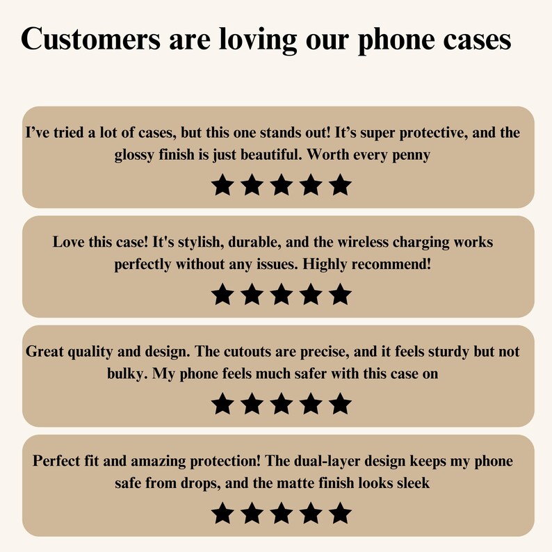 May include: Customer reviews for phone cases.  Quotes highlight features like protection, style, wireless charging, and fit.  Each review includes a five-star rating.
