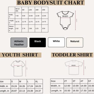May include: A chart detailing baby bodysuit, youth shirt, and toddler shirt sizes. The chart includes measurements in inches for width, length, and sleeve length. Color options are Athletic Heather, Black, White, and Natural.
