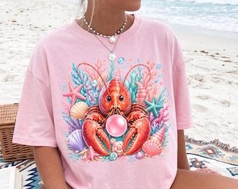 Cute Lobster Bubble Gum Shirt, Coastal Sea Life Graphic Tee, Preppy Beach Comfort Colors Shirt, Ocean Lover Gift for Women