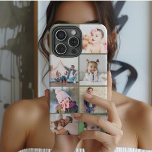May include: A phone case with a collage of photos featuring children and adults. The case has a green background and a white border around each photo.