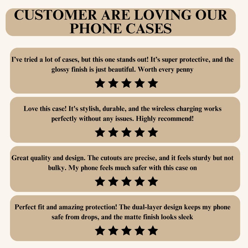 May include: Image features text "CUSTOMER ARE LOVING OUR PHONE CASES" above customer reviews. Reviews highlight protective, stylish, and durable phone cases. Each review includes a five-star rating, emphasizing quality and customer satisfaction.