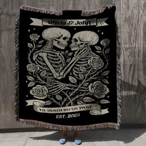 Personalized Skeleton Couple Blanket, Til Death Do Us Part Throw, Custom Anniversary Blanket For Couples, His & Hers Anniversary Gifts