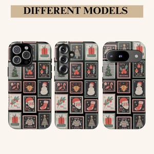 May include: Three phone cases with a Christmas-themed design. Each case features a repeating pattern of postage stamp-like squares with festive images like Santa, gifts, and Christmas trees. The text "DIFFERENT MODELS" is at the top.