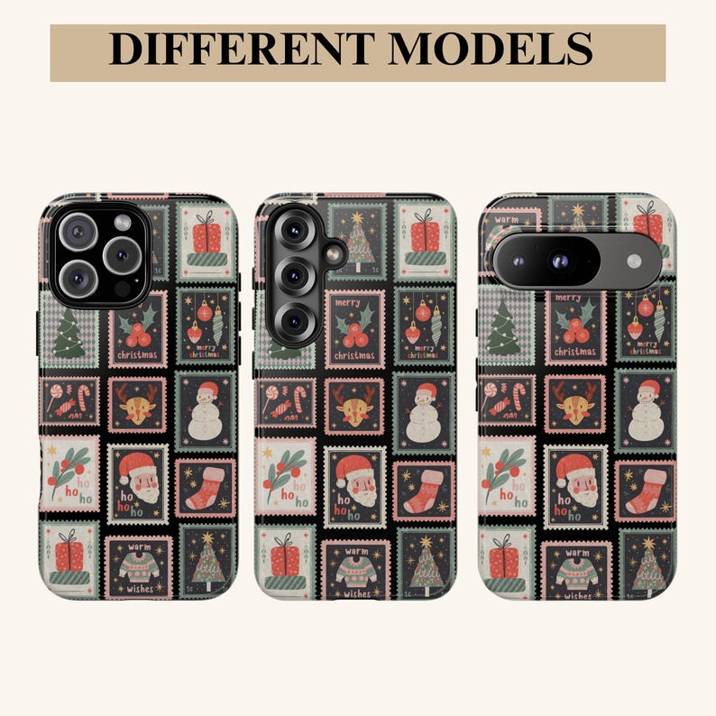 May include: Three phone cases with a Christmas-themed design. Each case features a repeating pattern of postage stamp-like squares with festive images like Santa, gifts, and Christmas trees. The text "DIFFERENT MODELS" is at the top.
