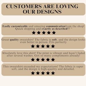 May include: Image features text: "CUSTOMERS ARE LOVING OUR DESIGNS." Below, customer reviews highlight product quality, customization, and design. Reviews mention soft fabric, vibrant prints, and high-quality details. Each review is accompanied by a five-star rating.