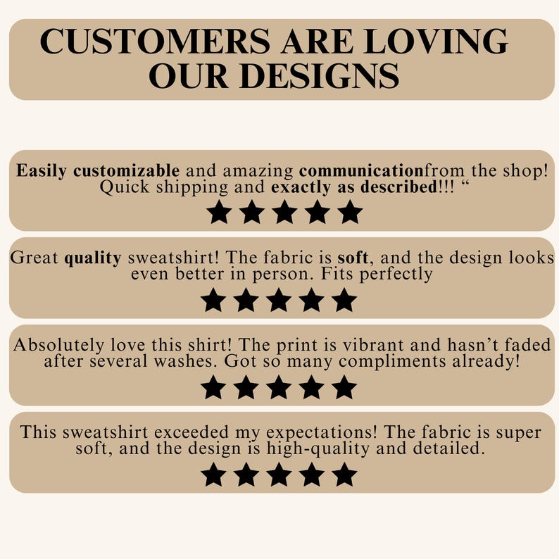 May include: Image features text: "CUSTOMERS ARE LOVING OUR DESIGNS." Below, customer reviews highlight product quality, customization, and design. Reviews mention soft fabric, vibrant prints, and high-quality details. Each review is accompanied by a five-star rating.