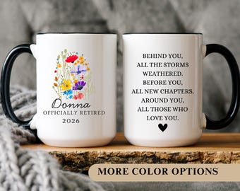 Officially Retired Mug with Wildflowers & Custom Name - Retirement Gift for Women, Personalized Coffee Cup, Farewell Gift, Retiree Keepsake