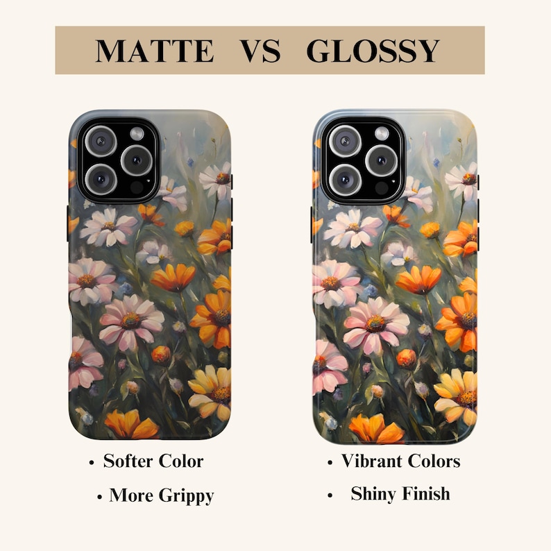 May include: Two iPhone cases with a floral design. The case on the left is matte and has softer colors. The case on the right is glossy and has vibrant colors. The text "Matte vs Glossy" is at the top of the image.
