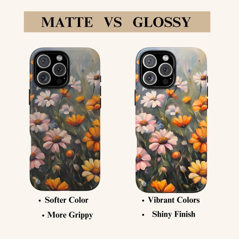 May include: Two phone cases with floral designs are displayed side-by-side. The left case has a matte finish, while the right case has a glossy finish. Text at the top reads "MATTE VS GLOSSY." The left case has the text "Softer Color" and "More Grippy." The right case has the text "Vibrant Colors" and "Shiny Finish."
