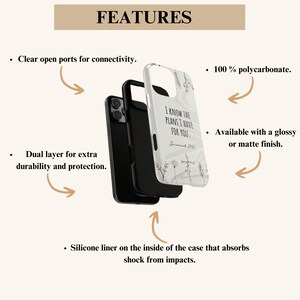 May include: A white phone case with a black silicone liner. The case has a quote from Jeremiah 29:11, "I know the plans I have for you." The case is available in a glossy or matte finish.
