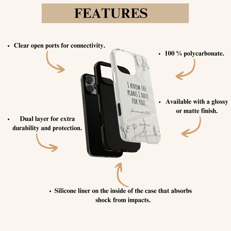 May include: A white phone case with a black silicone liner. The case has a quote from Jeremiah 29:11, "I know the plans I have for you." The case is available in a glossy or matte finish.