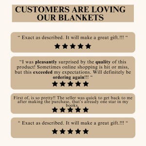 May include: Image featuring customer reviews for blankets. The text at the top reads "CUSTOMERS ARE LOVING OUR BLANKETS." Several customer quotes are displayed, each accompanied by a five-star rating. The reviews highlight positive experiences with the product.
