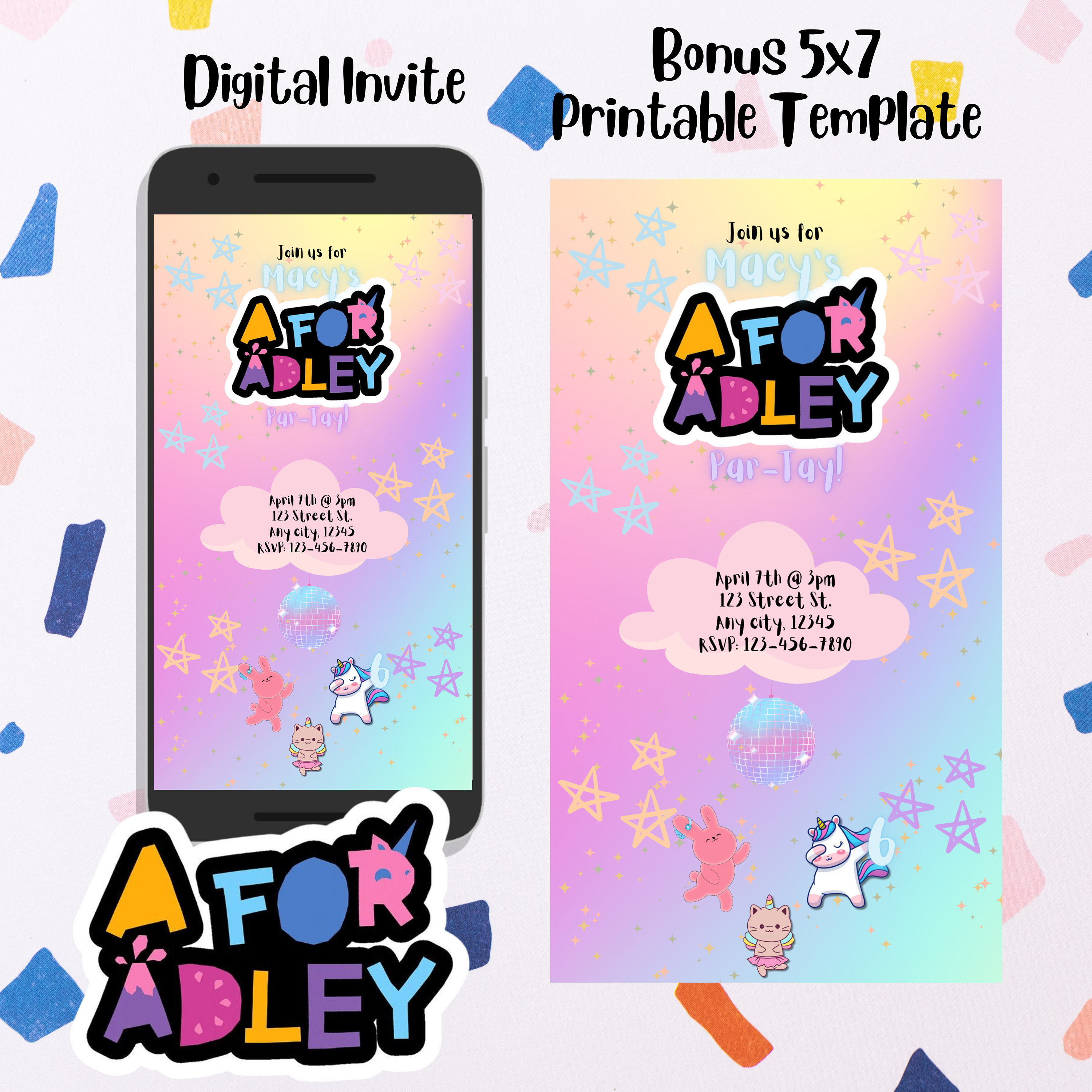 A for Adley Digital Invite. Bonus 5x7 template