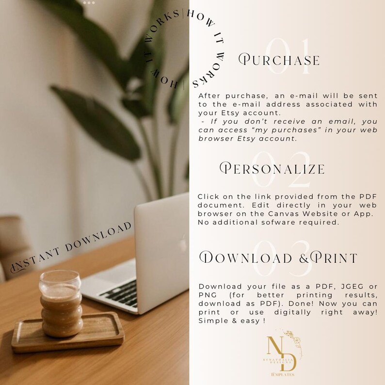 May include: A wooden tray holds a glass of coffee and a laptop sits on a wooden table. The image includes text that reads "Instant Download" and instructions for purchasing, personalizing, and downloading a file.