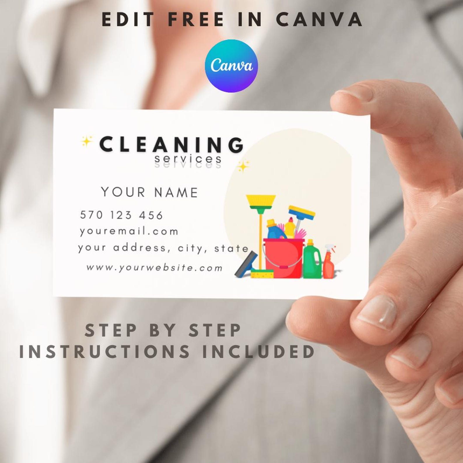 Editable Cleaning Business Card Template: Modern Canva Design (3.5x2 in ...