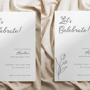 May include: Two white invitation cards with the text "Let's Celebrate!" in elegant script. The cards also include details for Amelia's 20th birthday party, with a floral line art design. RSVP information is provided.