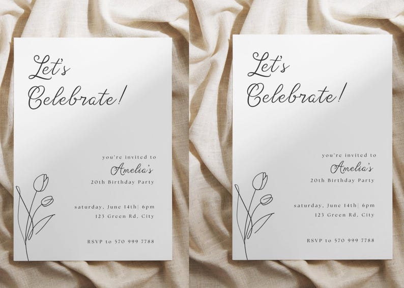 May include: Two white invitation cards with the text "Let's Celebrate!" in elegant script. The cards also include details for Amelia's 20th birthday party, with a floral line art design. RSVP information is provided.
