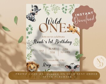 Wild One verjaardagsuitnodiging: Jungle Safari-thema, bewerkbare sjabloon (directe download afdrukbare)