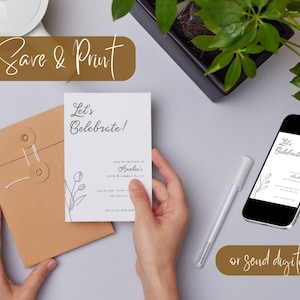 May include: A flat lay featuring a white invitation card with the text "Let's Celebrate!" and floral illustrations, held by a person's hand. A brown envelope, a smartphone displaying the same design, and a pen are also present.