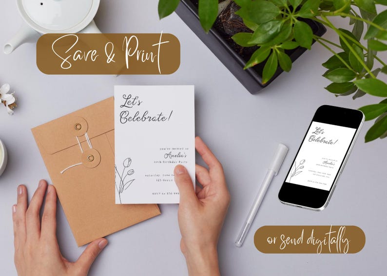 May include: A flat lay featuring a white invitation card with the text "Let's Celebrate!" and floral illustrations, held by a person's hand. A brown envelope, a smartphone displaying the same design, and a pen are also present.
