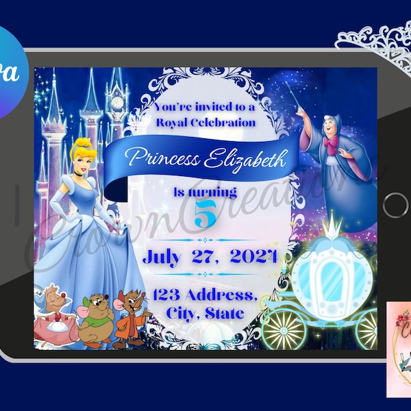 Cinderella Invitation, Princess Birthday Party, Invite, Canva editable Invite, Digital