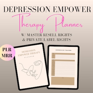 May include: A digital planner for depression therapy with a line drawing of a face and butterfly on the cover. The planner includes a depression tracker and is available with master resell rights and private label rights.